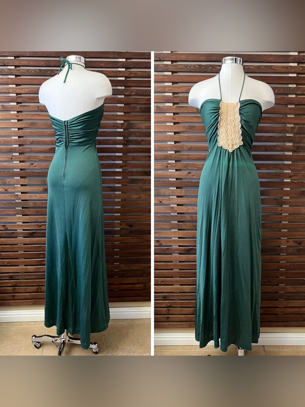 1970s Vintage Green Disco Halter & Lace Spaghetti Strap Empire Waist Maxi Dress